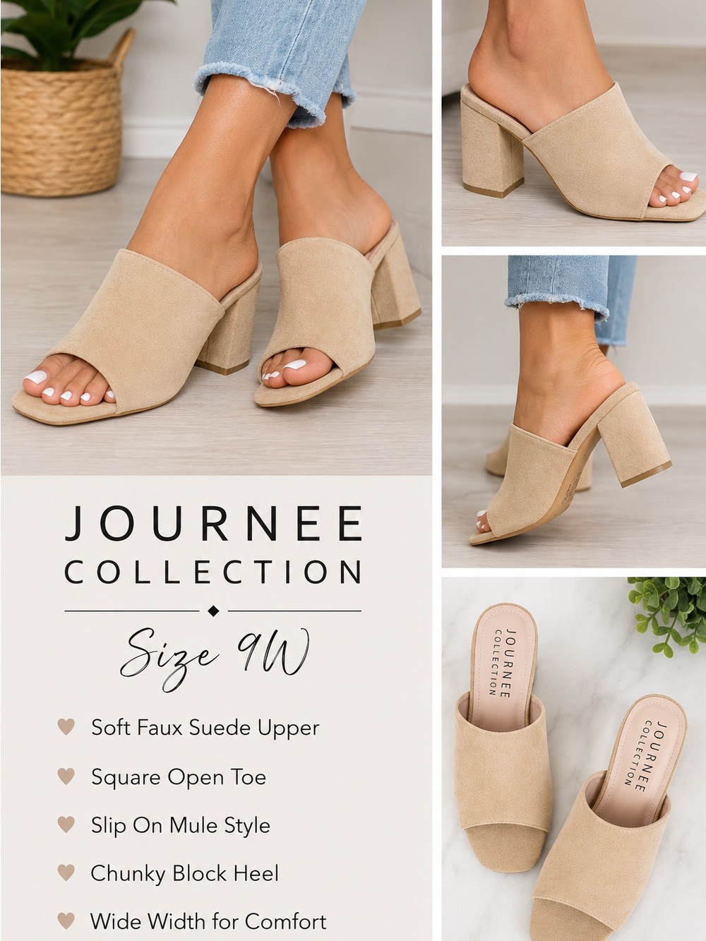 Journee Collection Faux Suede Chunky Heel Mule in Beige